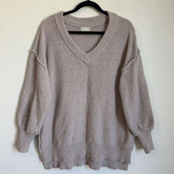 Altar'd State Sweaters - Altard State Beige Oversized V Neck Inside Out Hem Boucle Knit Pullover Sweater